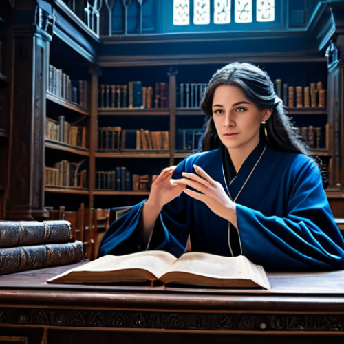 A professional female mage in modest, elegant, dark blue robes with silver trim, sitting at a large ornate wooden desk in an ancient arcane library. She is fully clothed, appropriate attire, deeply focused on an open glowing grimoire and intricate holographic projections of magical symbols floating above the desk. Dusty shelves filled with ancient scrolls and tomes line the background. Perfect anatomy, correct proportions, natural pose, well-formed hands, proper finger count, natural body proportions, professional photography, high quality, safe for work, appropriate content, family-friendly.