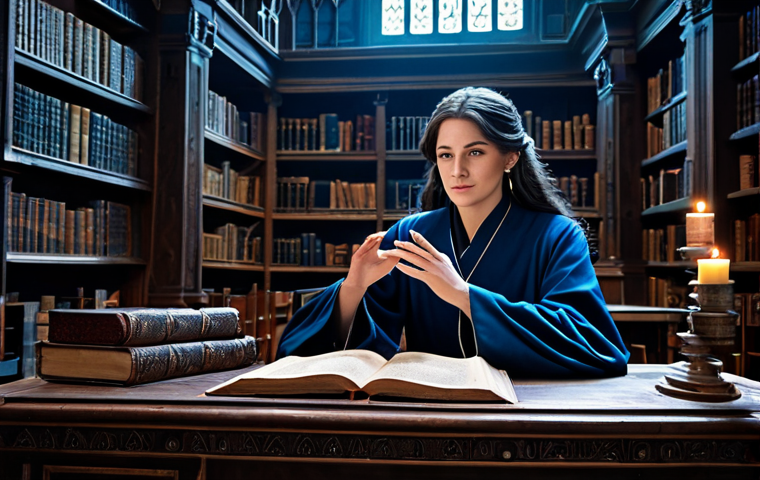A professional female mage in modest, elegant, dark blue robes with silver trim, sitting at a large ornate wooden desk in an ancient arcane library. She is fully clothed, appropriate attire, deeply focused on an open glowing grimoire and intricate holographic projections of magical symbols floating above the desk. Dusty shelves filled with ancient scrolls and tomes line the background. Perfect anatomy, correct proportions, natural pose, well-formed hands, proper finger count, natural body proportions, professional photography, high quality, safe for work, appropriate content, family-friendly.