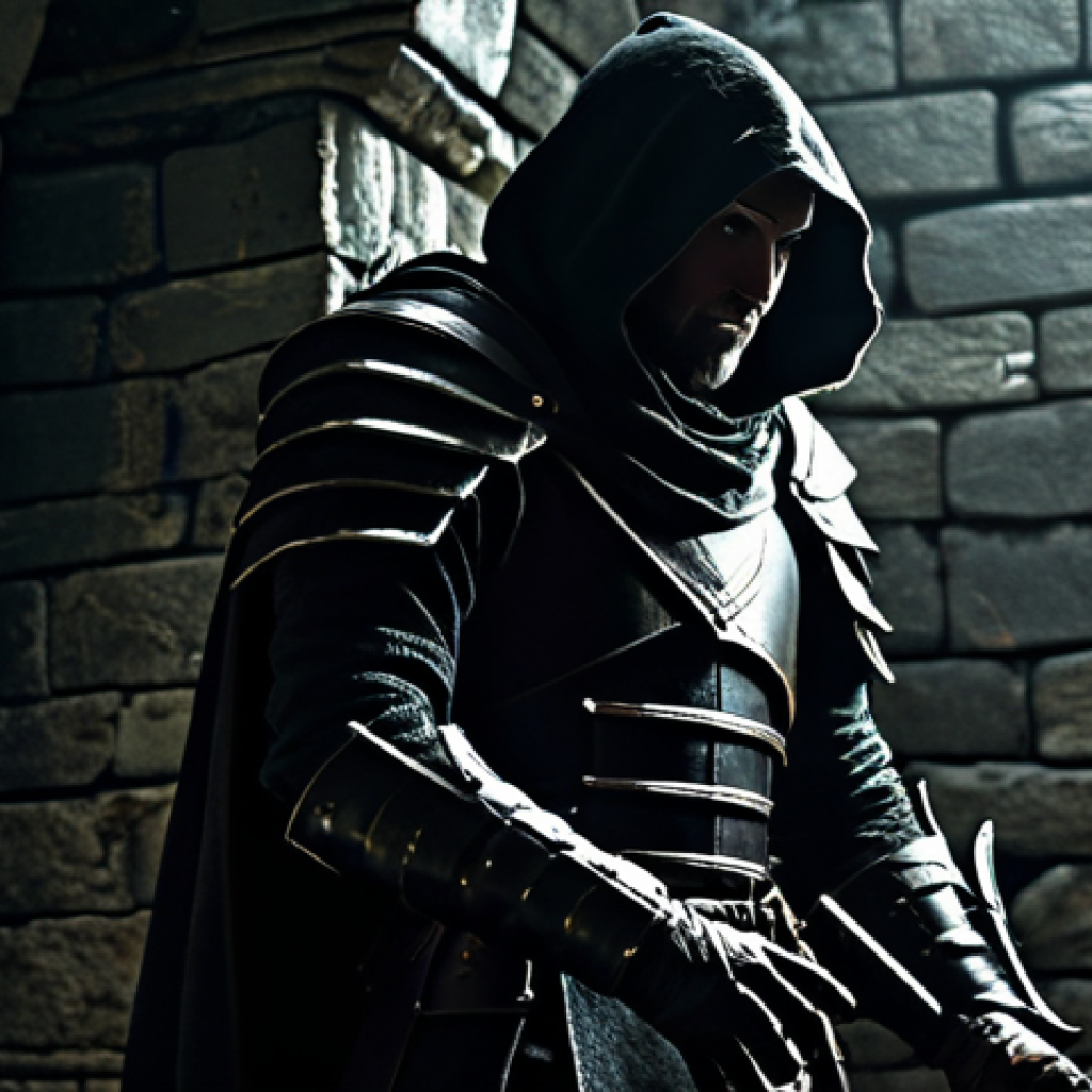 A master of stealth, a human rogue in dark, modest leather armor, silhouetted against the dim light of an ancient fantasy dungeon. The figure is fully clothed in appropriate attire, positioned naturally, subtly moving along a crumbling stone wall adorned with moss and faint magical runes. The atmosphere is tense and mysterious, with deep shadows and minimal light sources highlighting intricate details of the environment. Perfect anatomy, correct proportions, well-formed hands, proper finger count. Professional photography, high detail, cinematic lighting, appropriate content, safe for work, family-friendly.