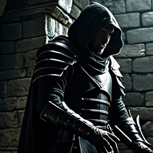 A master of stealth, a human rogue in dark, modest leather armor, silhouetted against the dim light of an ancient fantasy dungeon. The figure is fully clothed in appropriate attire, positioned naturally, subtly moving along a crumbling stone wall adorned with moss and faint magical runes. The atmosphere is tense and mysterious, with deep shadows and minimal light sources highlighting intricate details of the environment. Perfect anatomy, correct proportions, well-formed hands, proper finger count. Professional photography, high detail, cinematic lighting, appropriate content, safe for work, family-friendly.