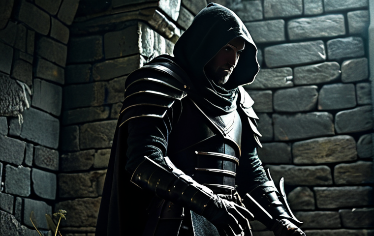 A master of stealth, a human rogue in dark, modest leather armor, silhouetted against the dim light of an ancient fantasy dungeon. The figure is fully clothed in appropriate attire, positioned naturally, subtly moving along a crumbling stone wall adorned with moss and faint magical runes. The atmosphere is tense and mysterious, with deep shadows and minimal light sources highlighting intricate details of the environment. Perfect anatomy, correct proportions, well-formed hands, proper finger count. Professional photography, high detail, cinematic lighting, appropriate content, safe for work, family-friendly.