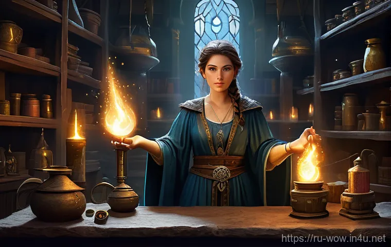 월드 오브 워크래프트 전문 기술별 수익성 분석 - **Prompt:** A highly detailed, realistic fantasy illustration depicting a skilled Human Enchanter in...