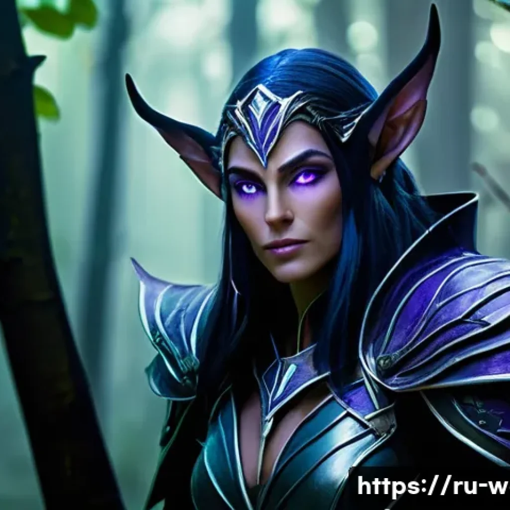 월드 오브 워크래프트 종족별 직업 선택법 - A detailed fantasy portrait of a Night Elf rogue wearing sleek, dark leather armor with intricate si...