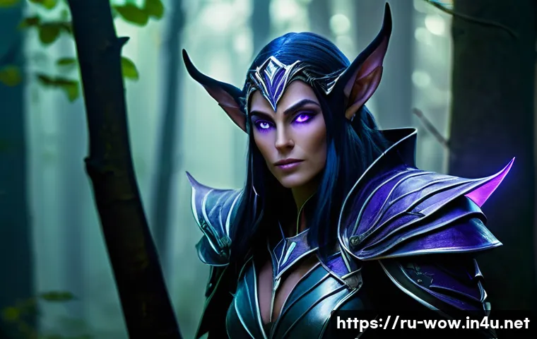 월드 오브 워크래프트 종족별 직업 선택법 - A detailed fantasy portrait of a Night Elf rogue wearing sleek, dark leather armor with intricate si...