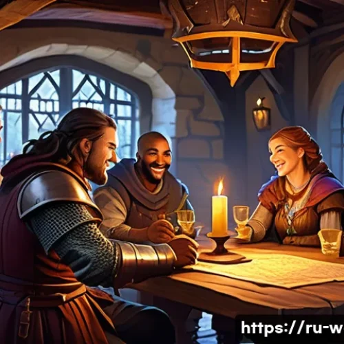 Home 32 월드 오브 워크래프트 길드 활동의 장점 - A vibrant, detailed scene of a diverse group of fantasy guild members gathered around a large wooden...