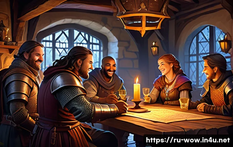 월드 오브 워크래프트 길드 활동의 장점 - A vibrant, detailed scene of a diverse group of fantasy guild members gathered around a large wooden...