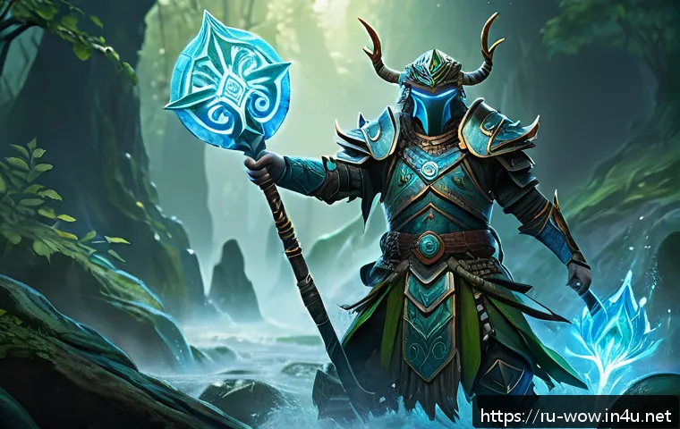 월드 오브 워크래프트 주술사 힐링 스킬 운용법 - A dynamic fantasy battle scene featuring a shaman healer in ornate tribal armor casting a healing st...