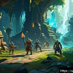 Home 23 월드 오브 워크래프트 룬 조각 시스템 - A dynamic fantasy game scene showcasing a group of diverse adventurers farming rune shards in a dens...