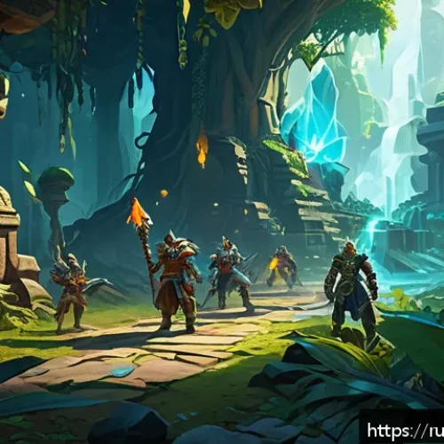 Home 17 월드 오브 워크래프트 룬 조각 시스템 - A dynamic fantasy game scene showcasing a group of diverse adventurers farming rune shards in a dens...