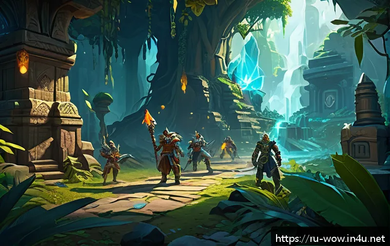월드 오브 워크래프트 룬 조각 시스템 - A dynamic fantasy game scene showcasing a group of diverse adventurers farming rune shards in a dens...