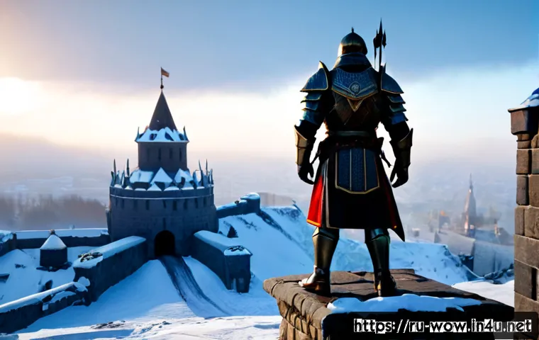 월드 오브 워크래프트 PvP 계급 시스템 - Photorealistic high-fantasy PvP ranking concept, a determined armored warrior standing on a snowy Ea...